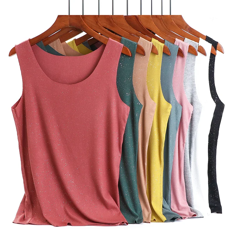 Summer Women Tank Tops O-Neck Sequin Casual Sleeveless Tshirt basic Tee Tops V Neck Bottoming Vest