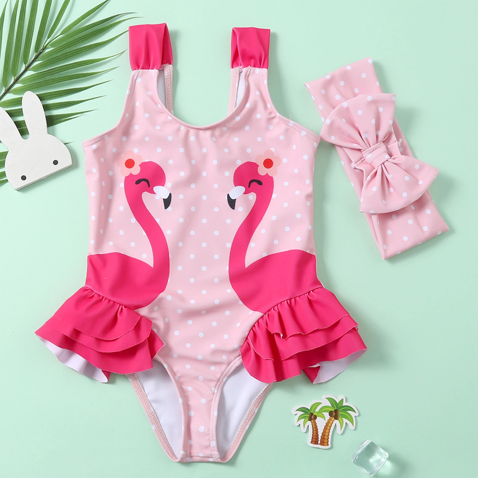 

Newest Arrival Kids Toddler Bathing Suits Girls Sleeveless Ruffle Cartoon Animal Print U-Shaped Neck Swim Bodysuit+Bow Headband