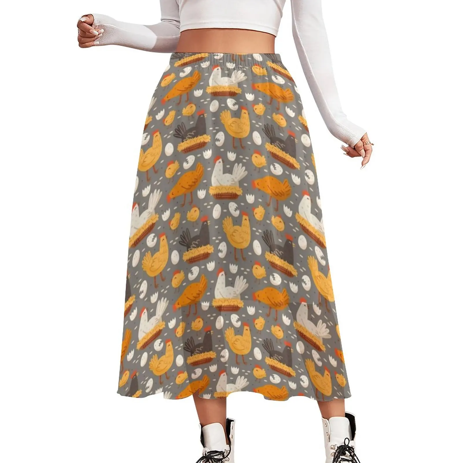 

Funny Chicken Print Skirt Hen On Nest Egg Vintage Long Skirts High Waist Graphic A-line Skirt Summer Aesthetic Clothes Big Size