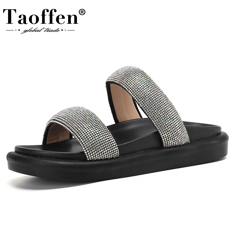 

Taoffen New Fashion Women'S Slippers Platform Soft Real Leather Shoes For Woman Rhinestone Slides Female Footwear Size 34-39