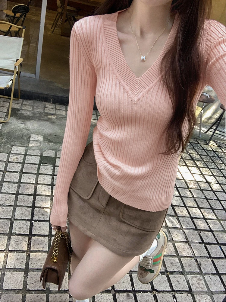 Корейская серия супер красивый V-образный вырез анти-полоска длинный рукав