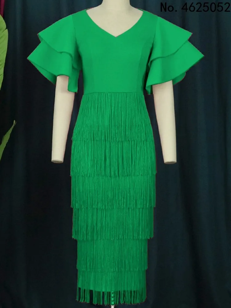 

Women Green Tassel Dress V Neck Fringe Bodycon Slim Party Ruffles Sleeves Celebrate Elegant Fashion Prom Package Hip Gowns