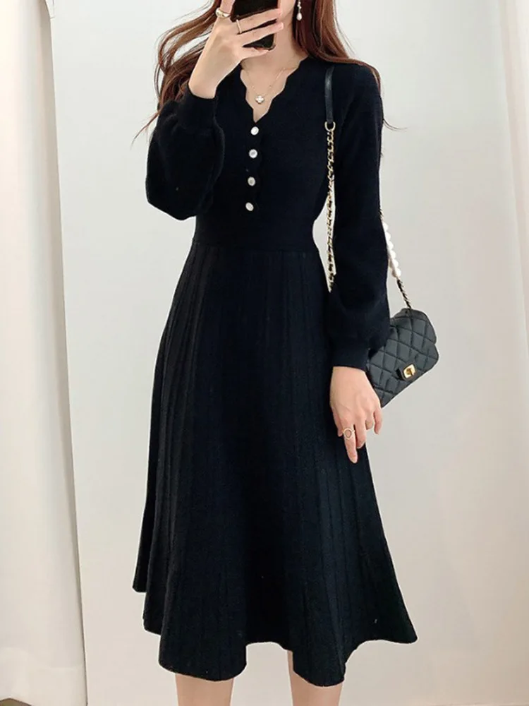 

Женское винтажное трикотажное платье, однотонное элегантное платье с высокой талией, V-образным вырезом и длинным рукавом, повседневная оде...