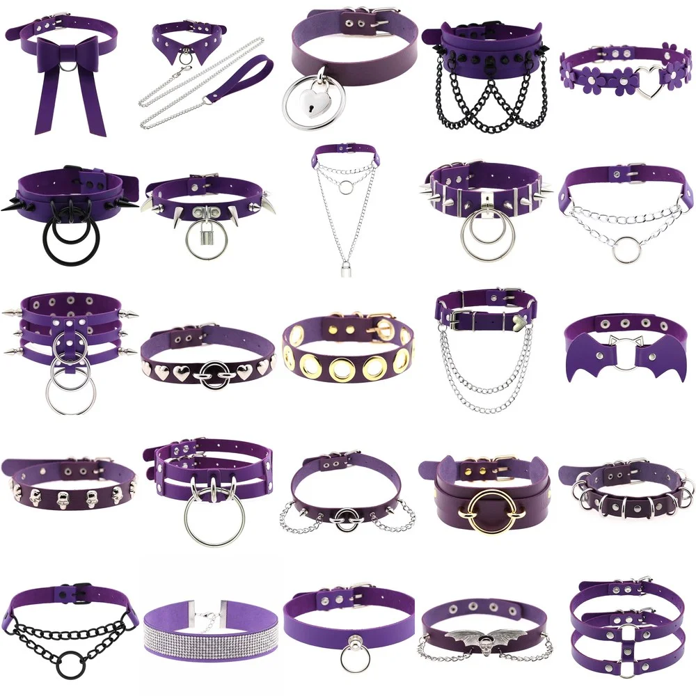 

2021 goth Purple PU Leather Heart Chains Necklaces for Women Black Silver Color Stainless Steel Statement Choker punk Jewelry