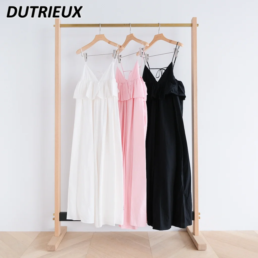

2023 Summer New Backless Simple Spaghetti-Strap Dress Ruffle Loose Mid-Length Dress Fashion Solid Color Elegant Dress for Women