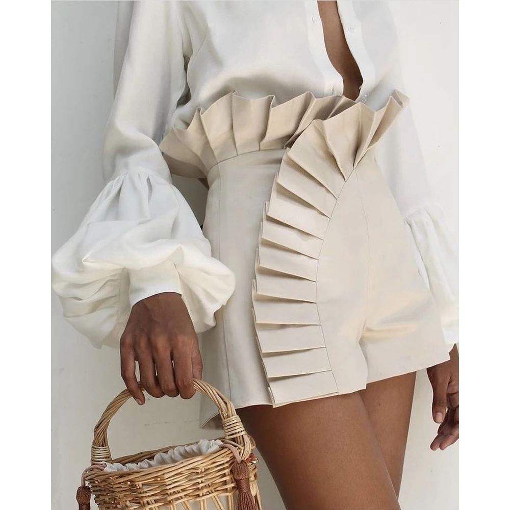 

2023 Summer Women Ruffle Hem Ruched Deisgn High Waist Shorts Female Casual Elegant Korean Style Hot Pants Streetwear Outfits
