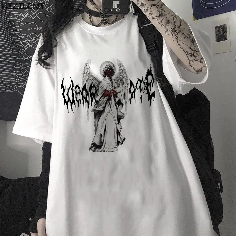 

Harajuku Gothic Oversized t-shirt impact print T-shirt Vintage hip hop rings T-Shirt Earrings Large street style summer Y2K top
