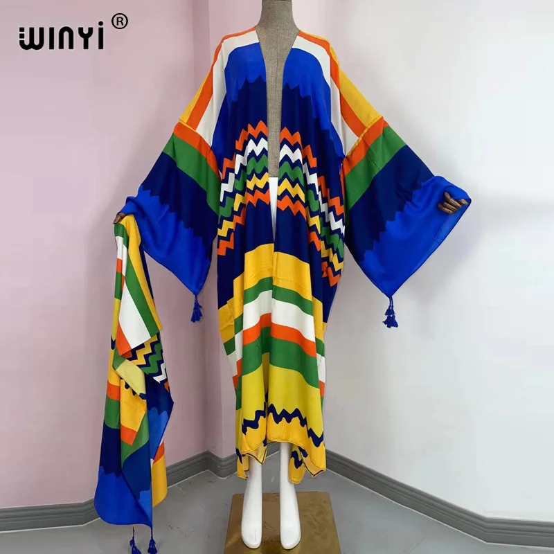 

WINYI Bohemian Printed Bikini Cover-ups Elegant Self Belted Kimono Dress Tunic Women Plus Size Beach Wear Swim Suit Cover Up