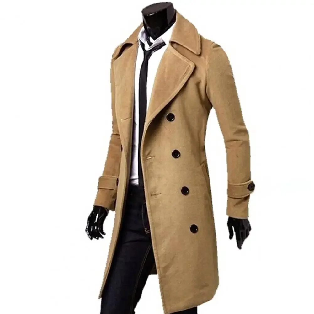 

Мужское шерстяное пальто с лацканами, длинное двубортное однотонное пальто, толстый длинный Тренч, верхняя одежда, осень-зима