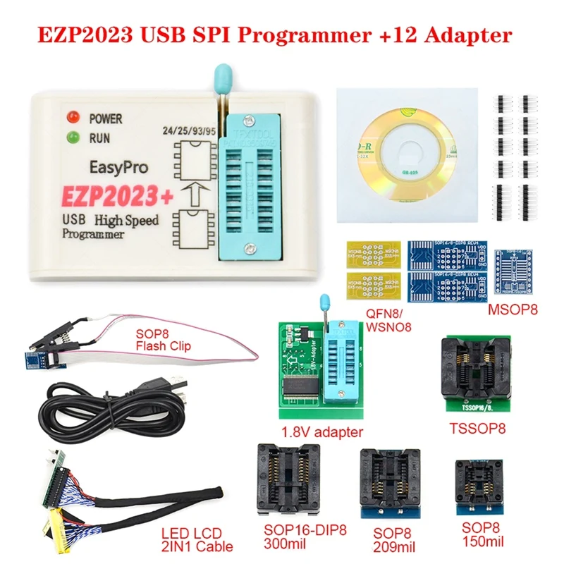 EZP2023+ Высокоскоростной программатор SPI FLASH полный комплект + 12 адаптеров поддержка