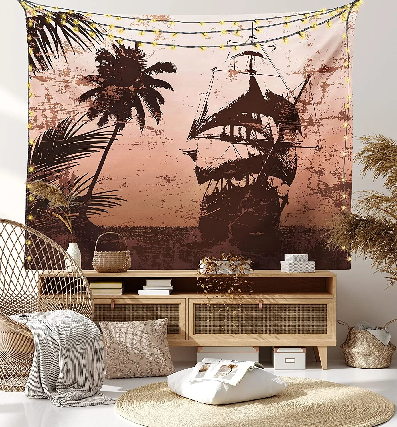

Ocean Tapestry Pirate Ship on Misty High Seas Palm Trees Sailboat Vessel Grunge Background Wide Wall Hanging for Bedroom