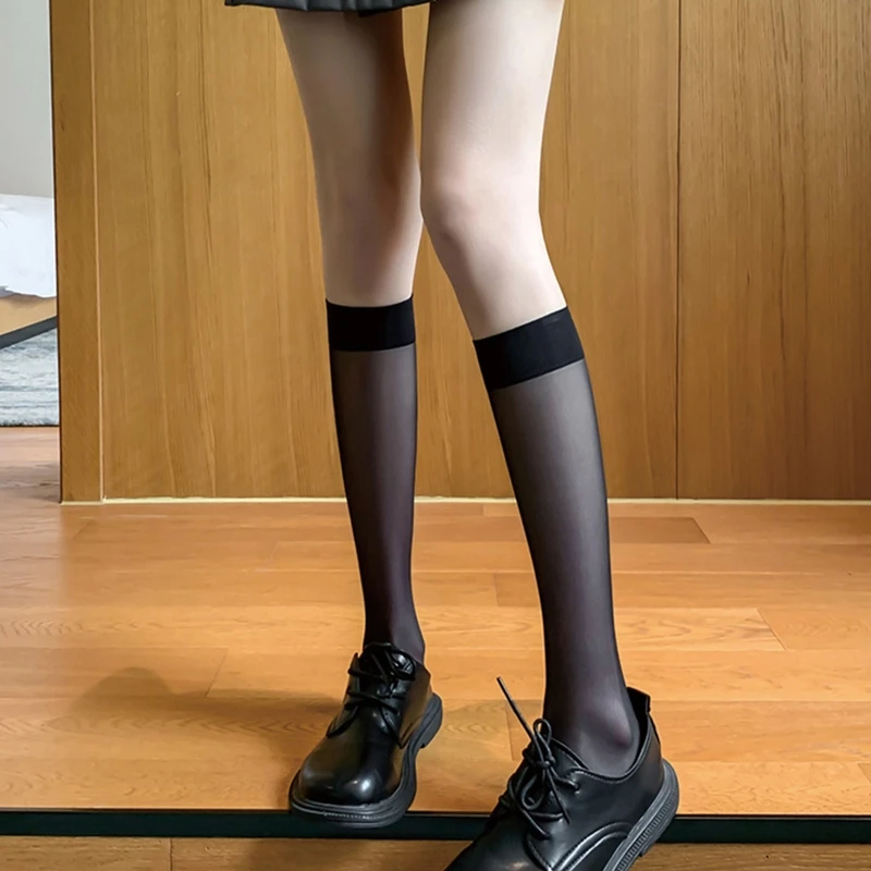 

Women Spring Summer Sheer Silky Knee High Socks Non-Slip Elastic Top Solid Color Ultra-Thin Transparent Calf Stockings