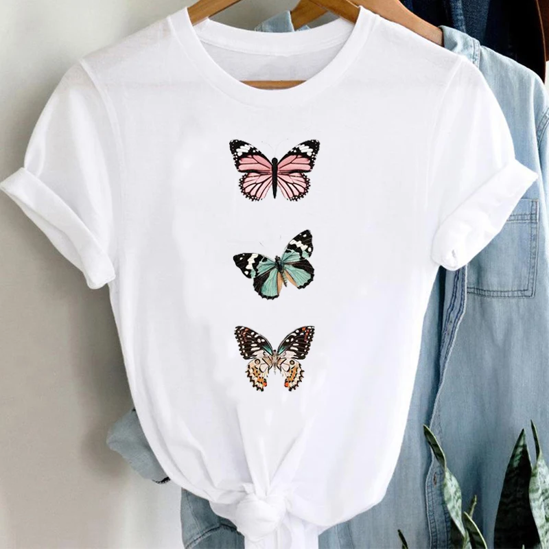 

Three Butterfly Print T-Shirt Womens Korean Lady Tees Female Summer Short Sleeve Fashion Clothes Graphic Tops Tshirt korean
