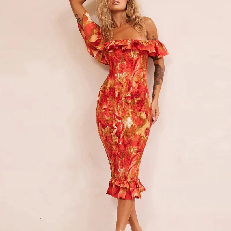 

Women Sexy Off Shoulder Pleated Bodycon Dress Elegant Flower Print Ruffle Party Dress 2023 Summer Fashion Chiffon Bohemian Dress