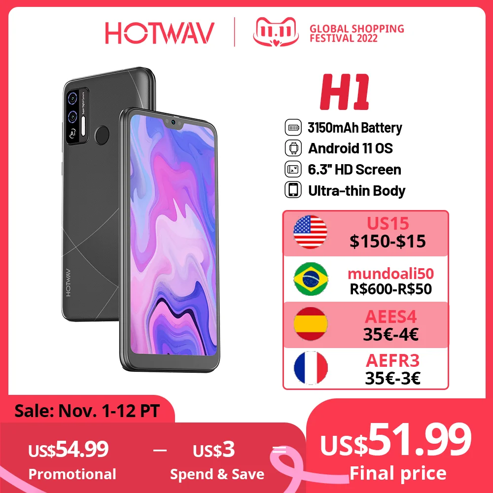 Najtaniej Hotwav H1 Smartphone 6.26 Cal HD Duży Ekran 2GB RAM 16GB ROM 3150mAh Bateria Telefon Komórkowy 8MP Kamera Odcisk Palca Odblokuj Telefon