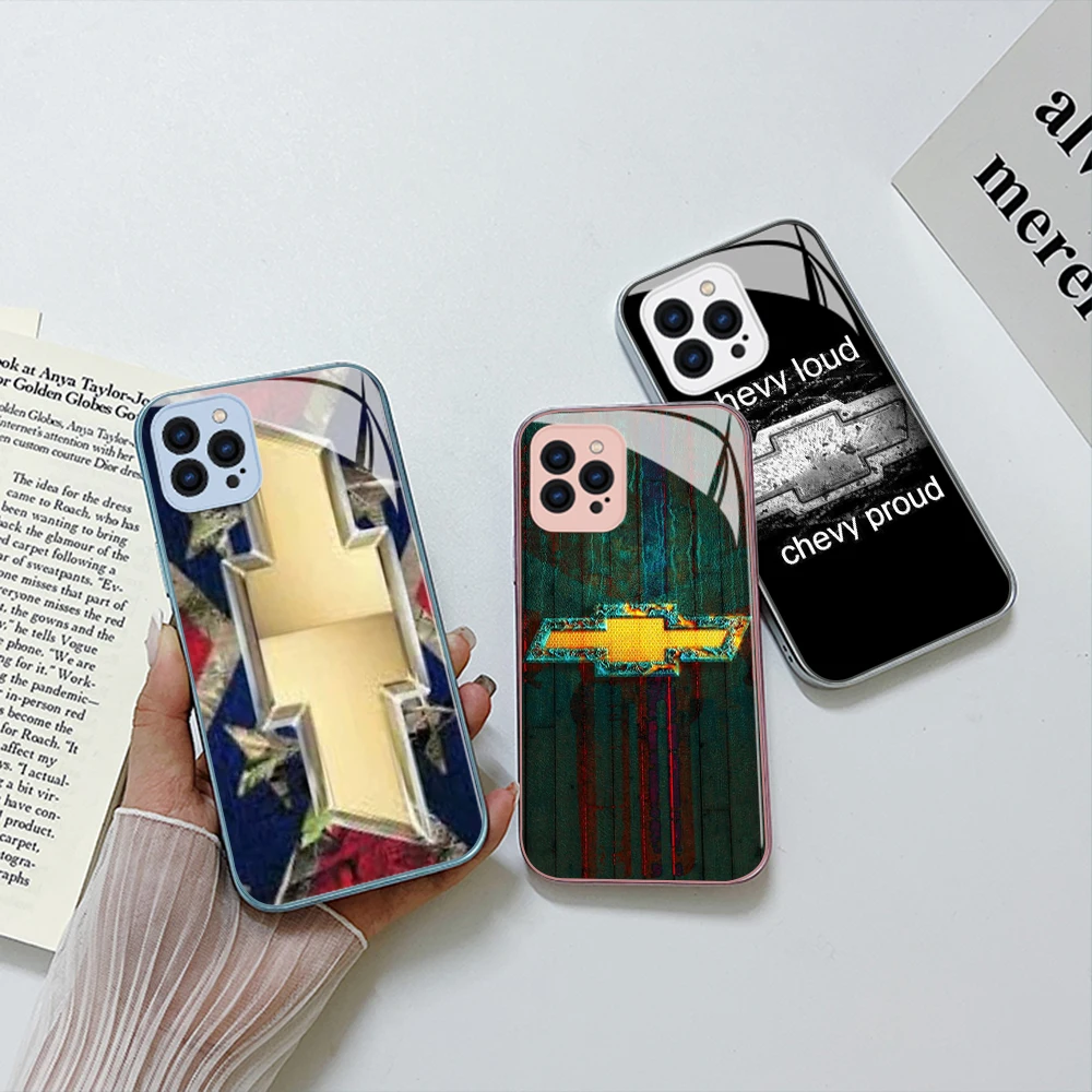 

Luxury C-Chevrolet Brand Car Metallic-Color Phone Case For iPhone 14 13 12 Mini 11 Pro Max X XS XR SE 2020 Plus Glass Hard Cover