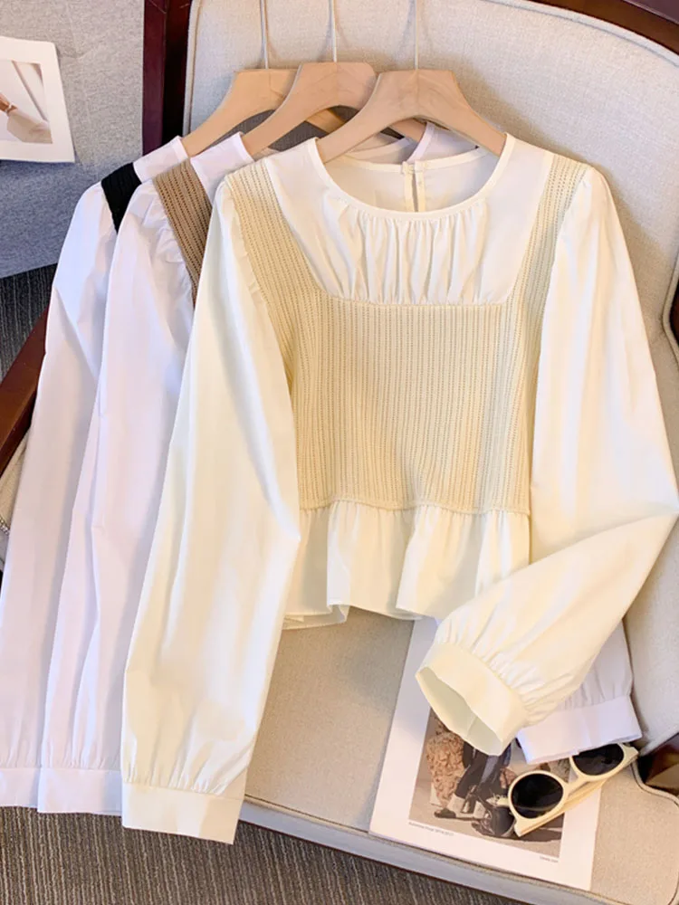 Fake Two Pieces Patchwork Shirt Sleeve Crop Top Women Elegant O-Neck Casual Shirts Autumn Winter Sweet Cute Cozy Chiffon Blouses