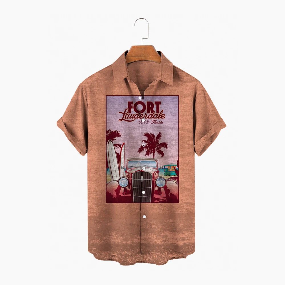 Fashion Classic Car Print Hawaii Aloha Shirt Men's 2022 Summer New Short-sleeved Beach Shirt Men's Holiday Party Holiday Cloth