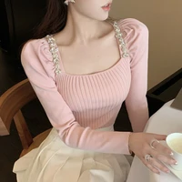 new autumn korean fashion sweet puff sleeve knitted sweater women chic beading thin pullovers soft bottomed crop top pull femme