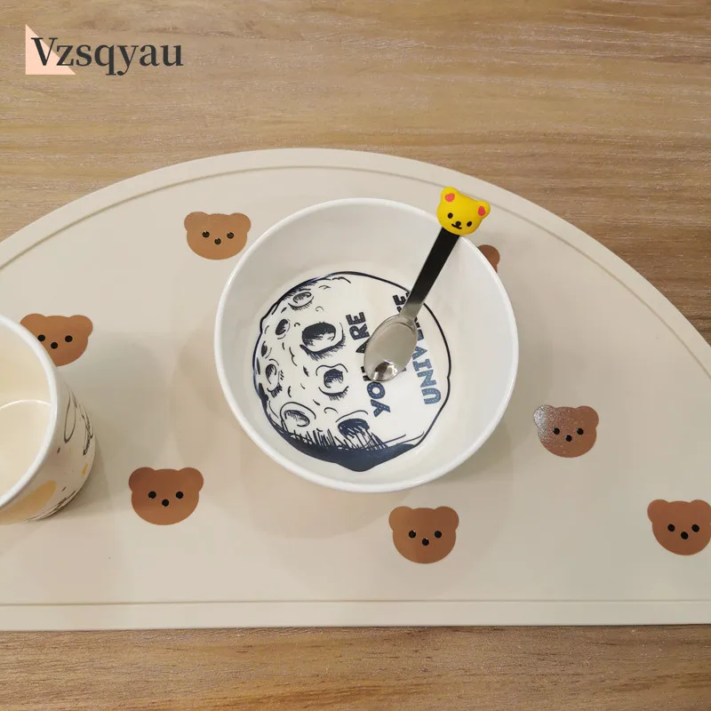 Semicircle Food Grade Silicone Baby Placemat Kids Plate Mat Table Pad Bear Print Waterproof Heat Insulation Toddler Tableware