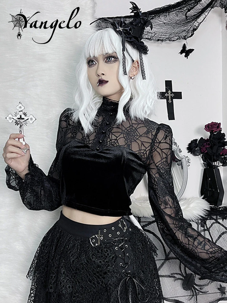 

Yangelo Spider Web Print Velvet T-shirts Long Sleeves Hollow Out Sexy Y2K Grunge Goth Turtleneck Party Women New Crop Top