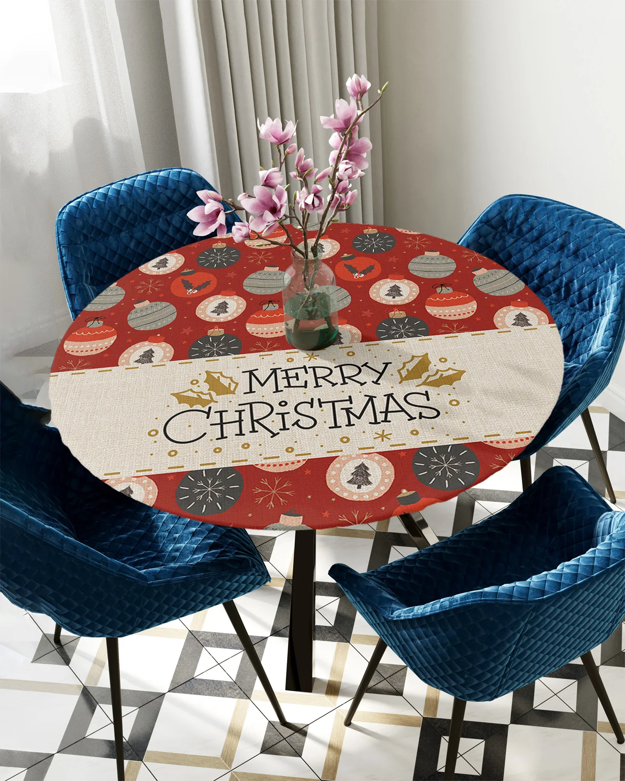 

Christmas Light Ball Decoration Round Table Cover Holiday Party Dinner Table Elastic Tablecloth Kitchen Waterproof Tableclot