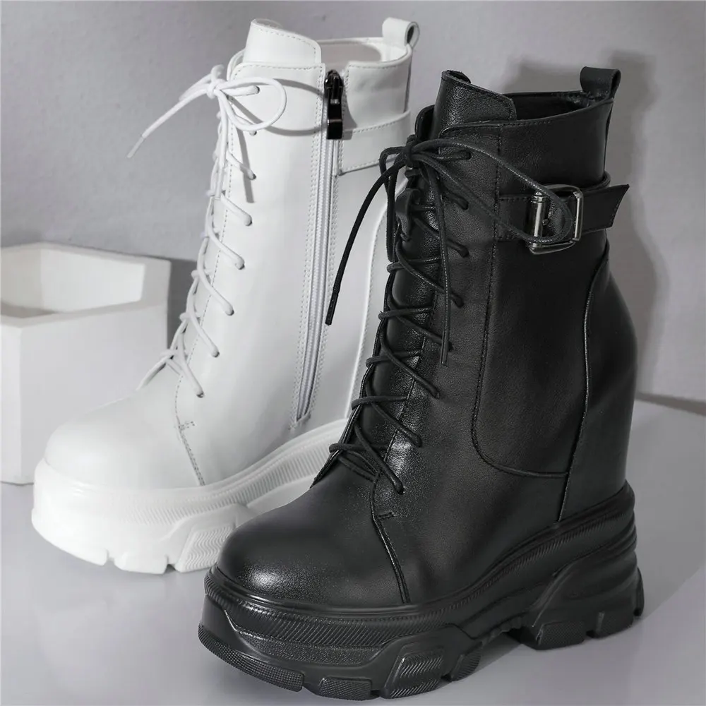 Platform Pumps Women Lace Up Genuine Leather Height Increasing Ankle Boots Female Winter High Top Fashion Sneakers Casual Shoes