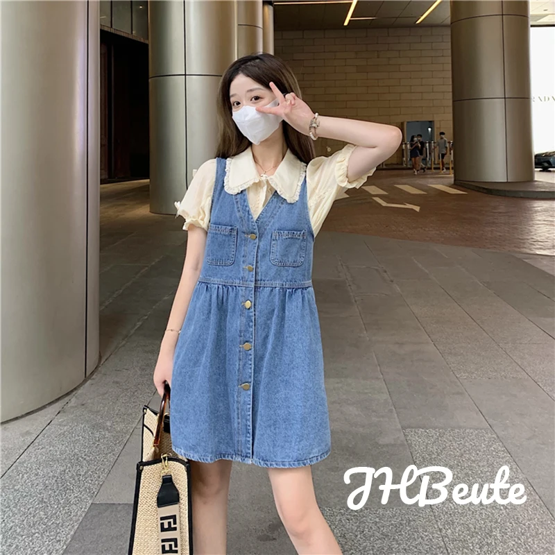 

Летние платья, новинка 2022, повседневные модные джинсовые юбки на лямках для девочек, в японском стиле, на весну и осень, шикарное корейское д...