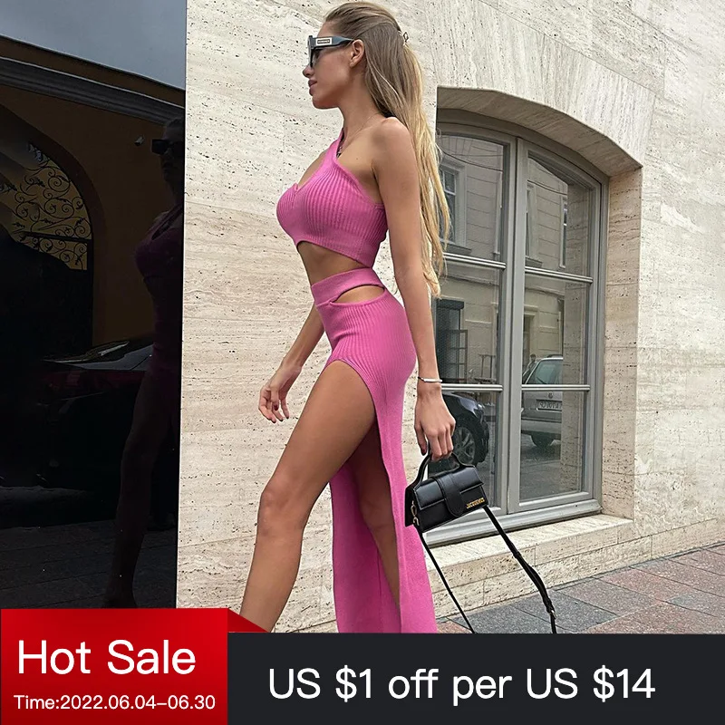 

Summer Women Solid 2 Piece One Shoulder Short Top Tanks Slit Skirt Three Quarter Set Bodycon Sexy Party Elegant Outfit