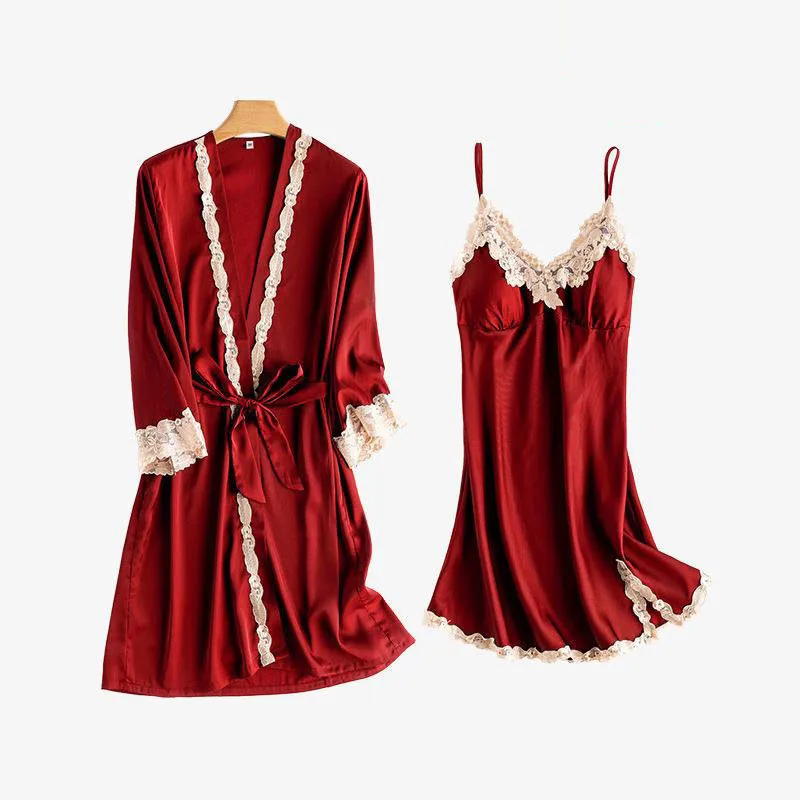 Women's Sleepwear 2 Pcs Sets Satin Silk Sleep Dress Sling Lace Dress and ong Sleeve Robe Pajamas Set