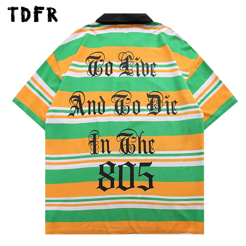 

Футболка мужская с горизонтальными полосками, короткий рукав, Повседневная Уличная одежда, свободная рубашка с отложным воротником и рукав...