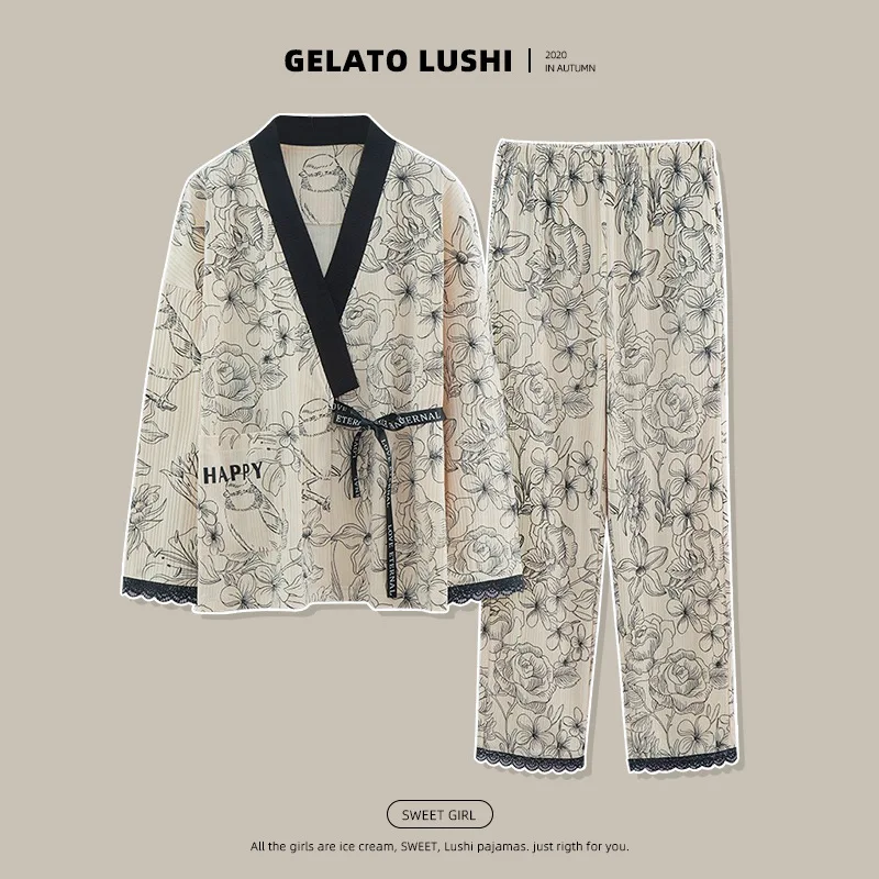 Kimono pajamas, women's spring and autumn cotton strapping, long sleeved cardigan, home clothing set