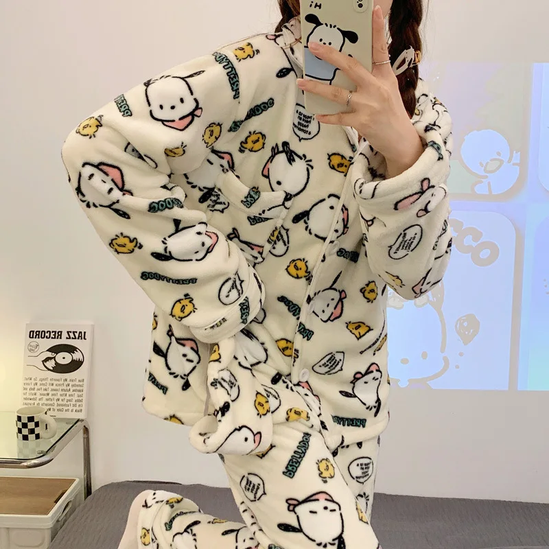 

Kawaii Sanrioed Kuromi My Meldoy Cinnmoroall Мультяшные высококачественные коралловые флисовые пижамы отправляют повязку на глаза толстый теплый домашний ком...