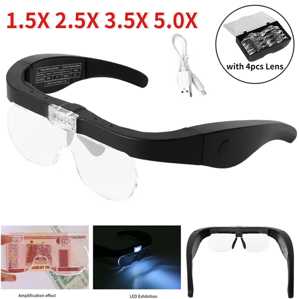 

Magnifying Glasses Magnifier 1.5X 2.5X 3.5X 5.0X USB Rechargeable with LED Light for Reading Jewelers Watchmaker Repair Wearing