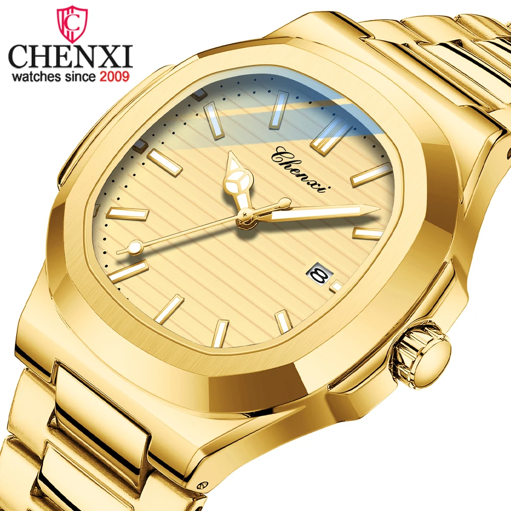 

CHENXI Luxury Brand Stainless Steel Watch for Men Date Quartz Golden Wristwatches Luminous Waterproof Calendar Male Clock