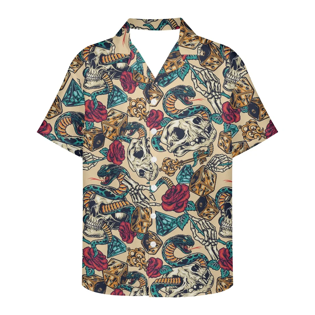 Halloween Skull Print Men's Shirt New Design Men Short Sleeve V Neck Shirt Summer Style Casual Fashion Rose Print Men Clothing