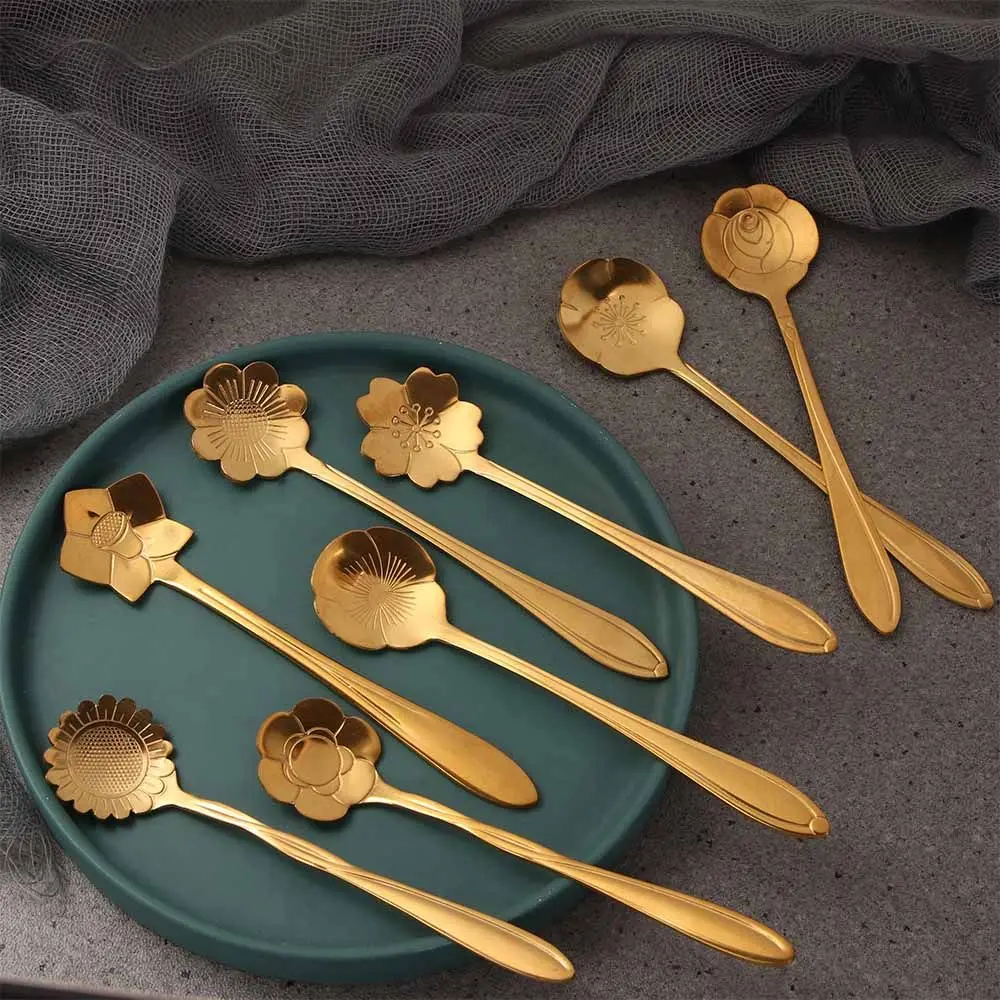 

Stainless Steel TeaSpoons Creative Coffee Spoons For Ice cream Gold Flower Dessert Scoop Tableware Cutlery Set