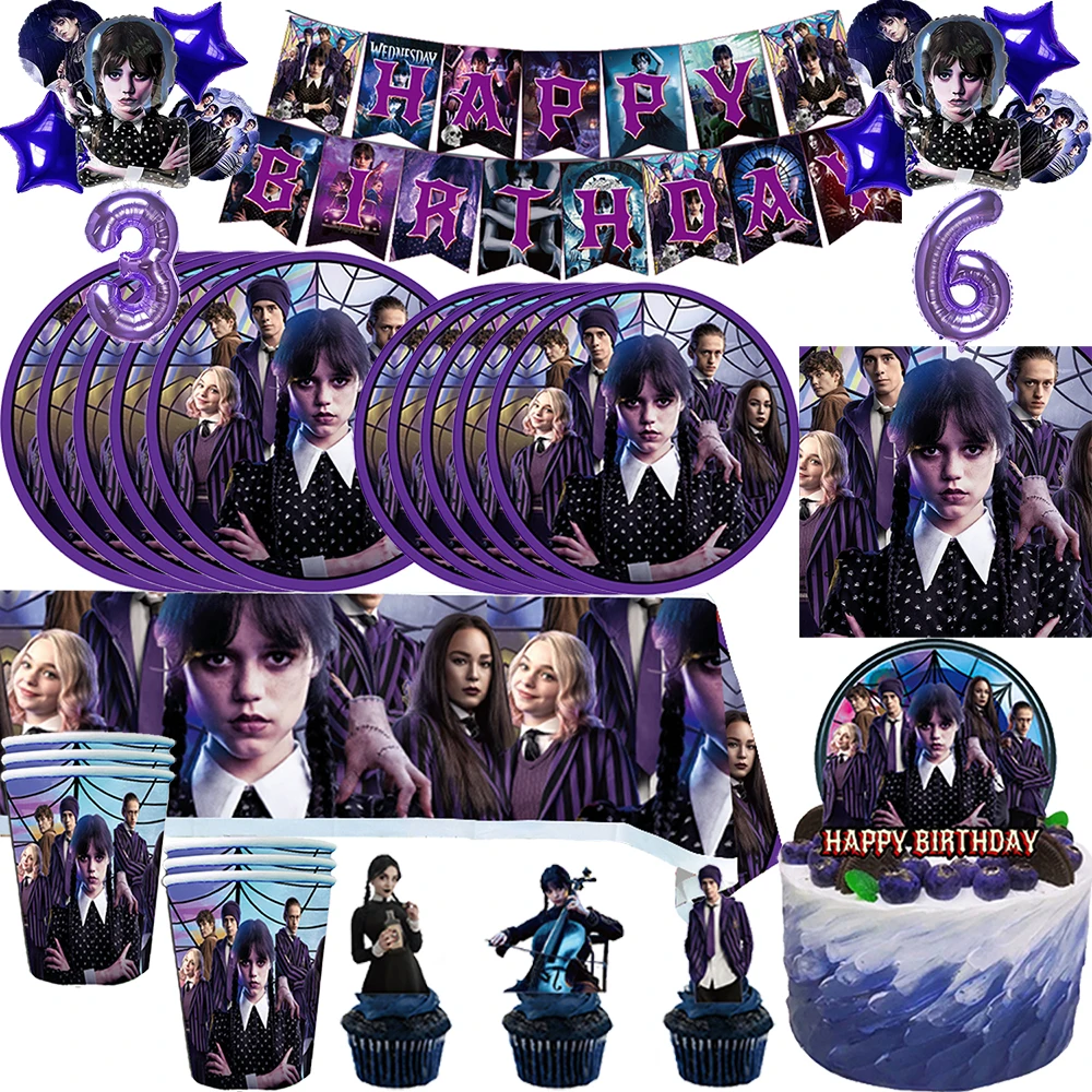 

The Wednesday Addams Birthday Party Decorations Cups Plates Napkins Tablecloth Fork Giftbag for Kids Baby Shower Party Supplies