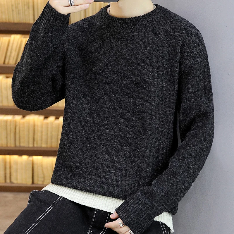 

Solid Color Sweater Men Clothes Round Neck Autumn and Winter Keep Warm Thicken Long Sleeve