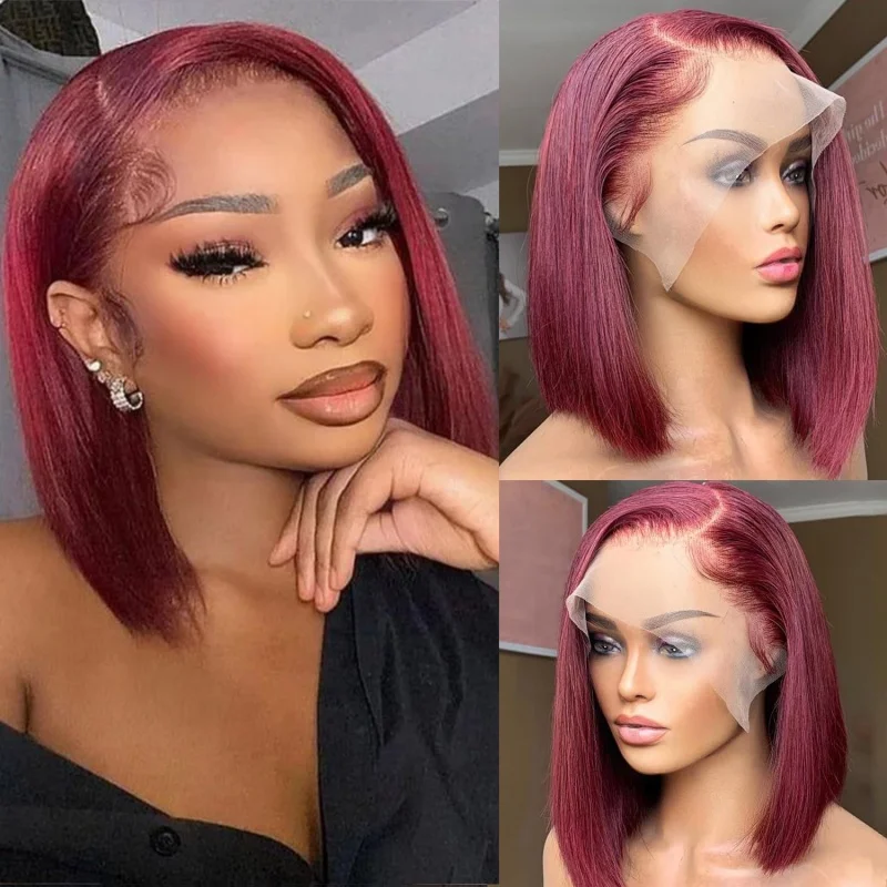 99J Бордовый Боб Парик Человеческих Волос 13x4 Прямые Парики Фронта Шнурка Короткий