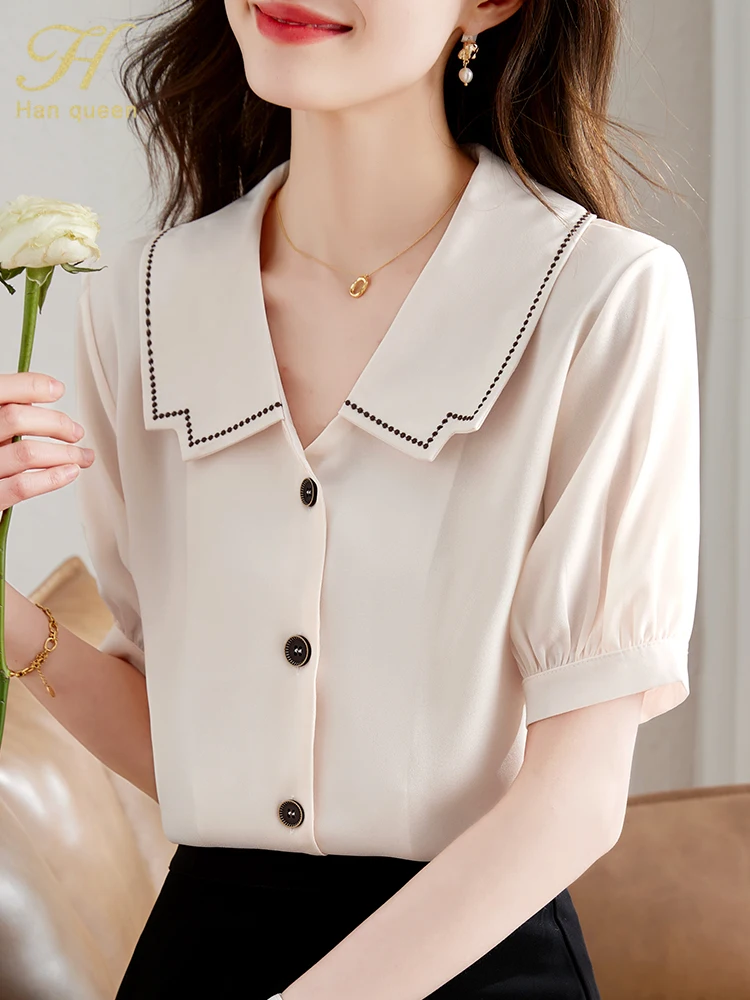 

H Han Queen 2023 Summer Blusas Simple Office Chiffon Blouse Female Shirt Simple Basic Tops Casual Korean OL Loose Blouses Women