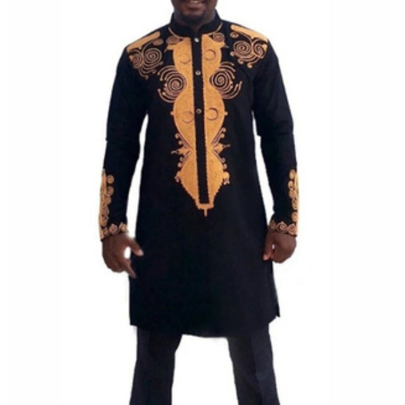 Men's Dashiki Shirt Cotton Blended Long-Sleeved Top With Black Ethnic Print Traditional 2-piece Top Pantsuit