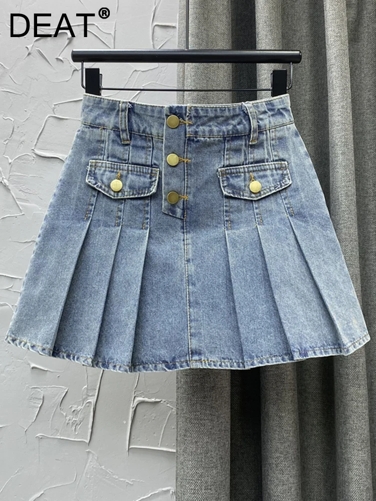 

Женская джинсовая юбка-трапеция DEAT, однотонная плиссированная мини-юбка с карманами и высокой талией, модель 29L329 на лето, 2023