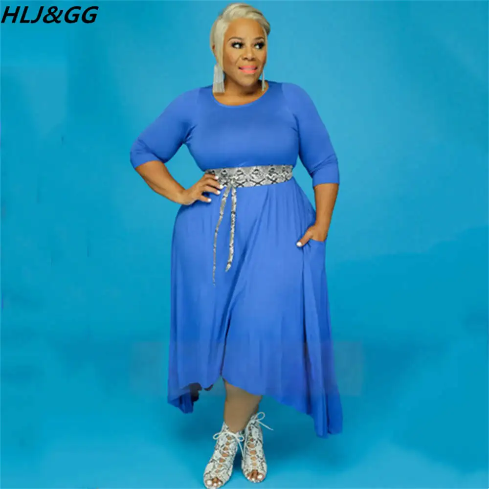

HLJ&GG Casual Solid Color Round Neck Dresses Summer Women Loose Irregular Mid Dress Eleagnt Office Lady Vestidos Clothes No Belt