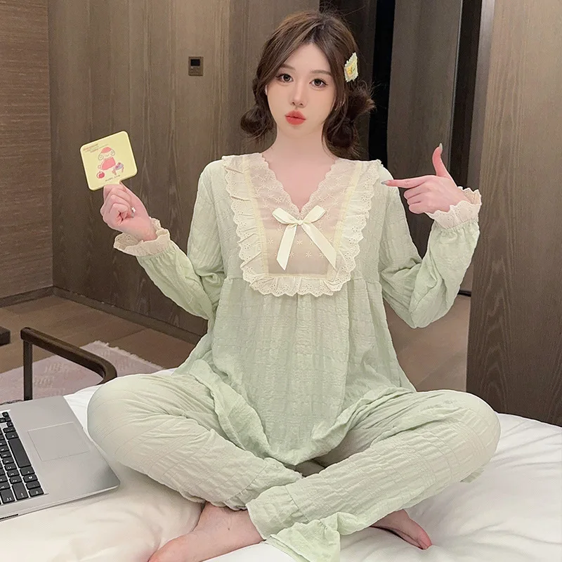 Пижама с длинным рукавом для женщин повседневная Милая Кружевная Домашняя