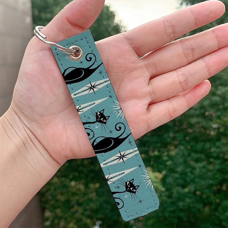 

Fashion Mid Century Meow on Blue Keychains Strap Keyrings Hanging Holder Bag Car Wallet Trinket Keychain Hanging Bag Accessories