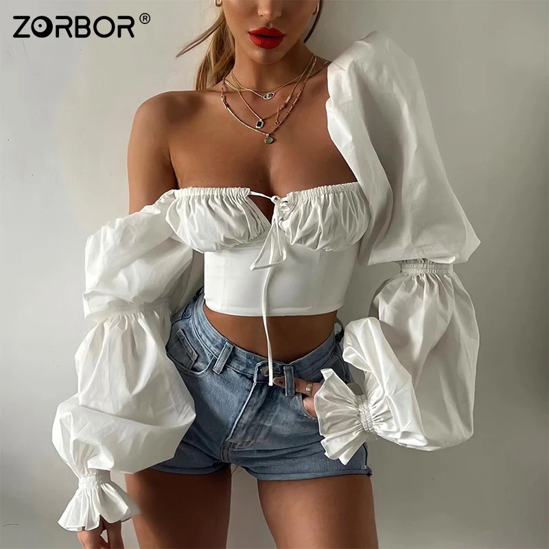 

ZORBOR Long Sleeve Top Women Short Solid Color Trumpet Sleeve Lace Navel Clothing Black White Zipper Spring And Autumn