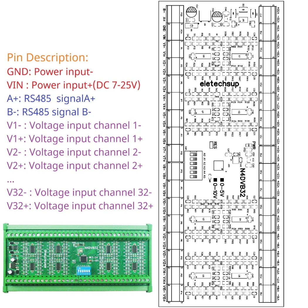 Коллектор дифференциального напряжения RS485 32-AI Modbus RTU 0-5 в 0-10 В аналоговая Входная
