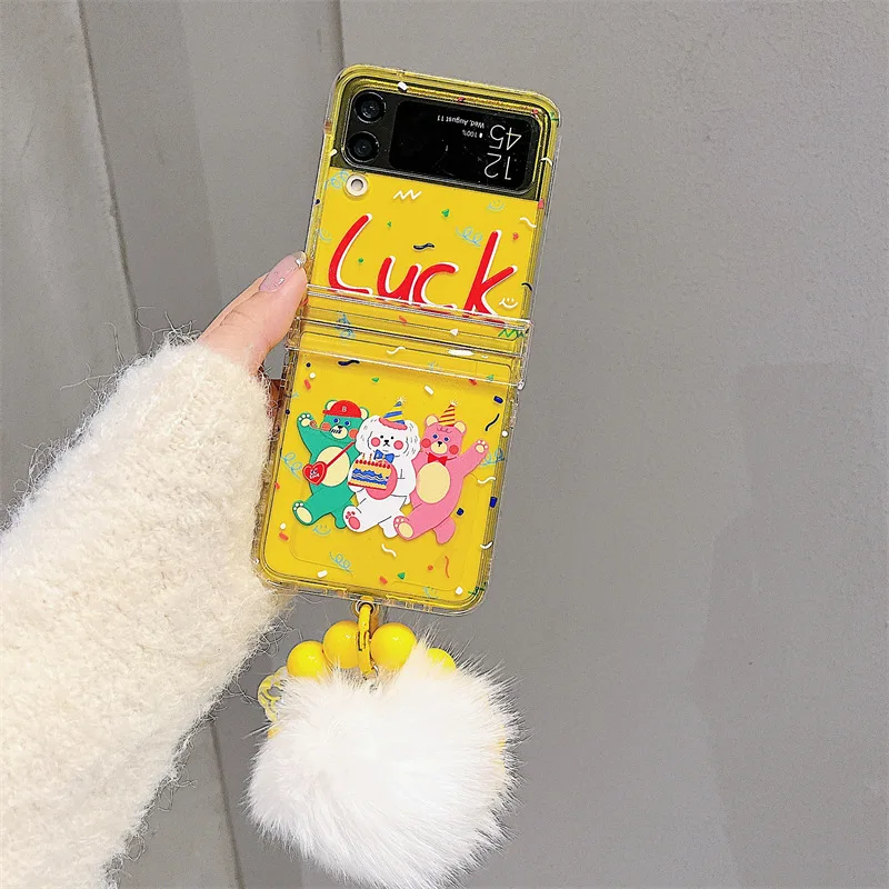 Cartoon Lucky Three Little Bear Phone Case for Samsung Galaxy Z Flip 4 3 Hard Cover for ZFlip3 Zflip4 Solid Shell Bracket