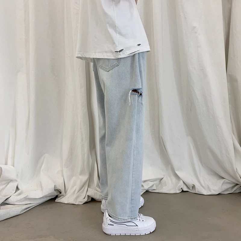 2022 Spring/Summer New Men's Light Baggy Jeans Korean Fashion Streetwear Ripped Denim Cropped Pants Male Brand Clothes